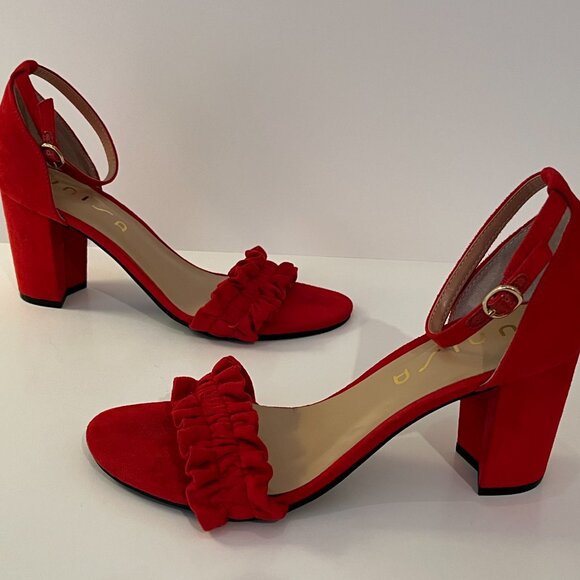 Unisa "Undiara" Dressy Red Faux Suede High Heel Shoes Ankle Straps Open Toes 10M - Picture 1 of 11